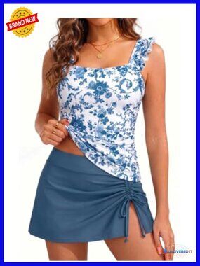 Two Piece Tankini Swimsuit with Ruffle Top and Skirt Tummy Control Bathing Suit